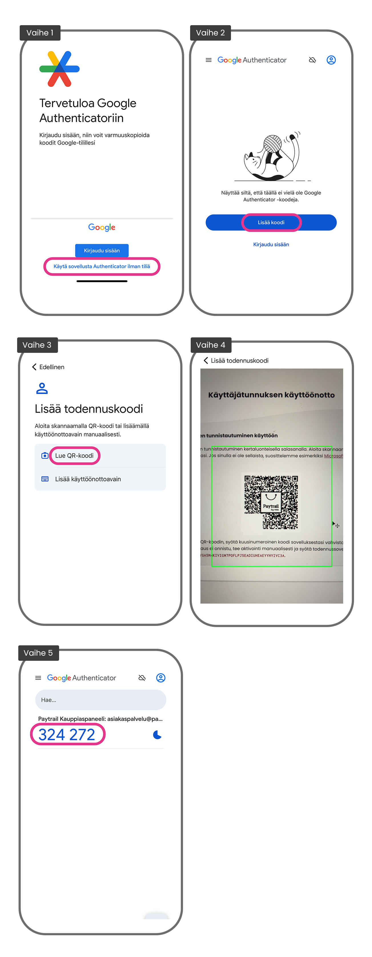 Google Authenticatorin käyttöönoton vaiheet Kauppiaspaneelin kirjautumissivulla