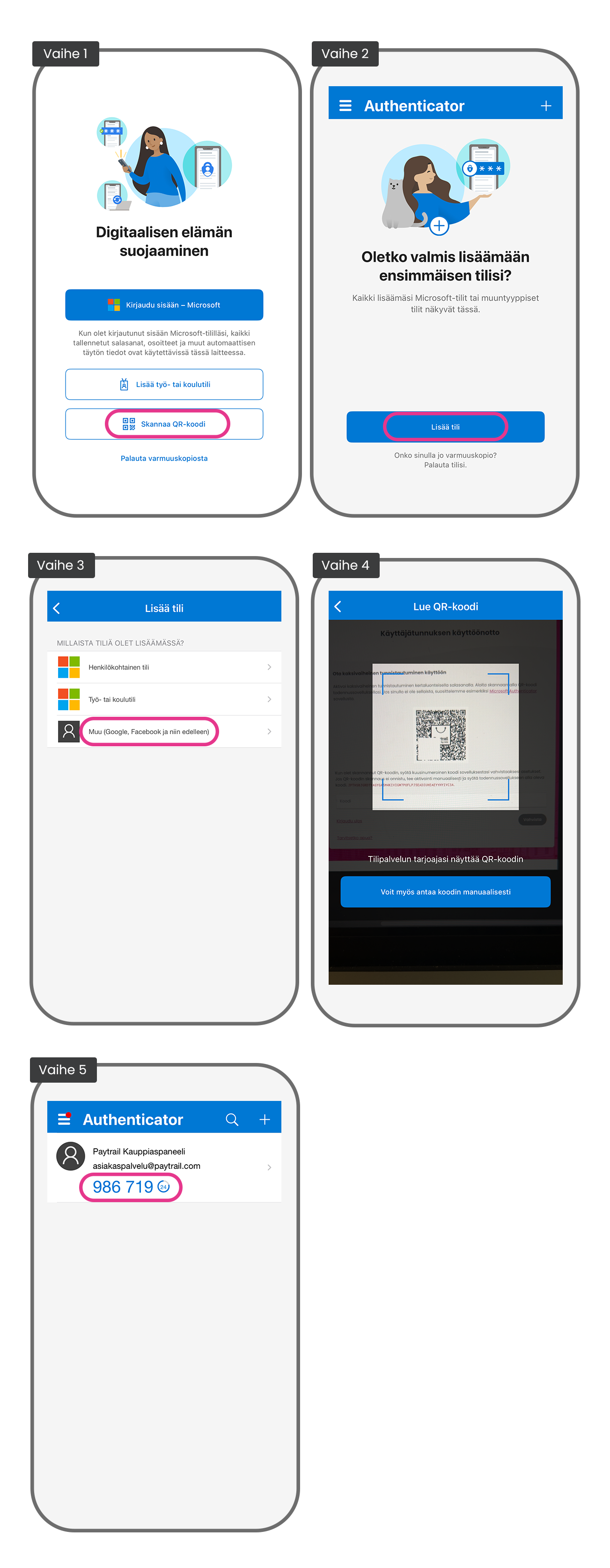 Microsoft Authenticatorin käyttöönoton vaiheet Kauppiaspaneelin kirjautumissivulla
